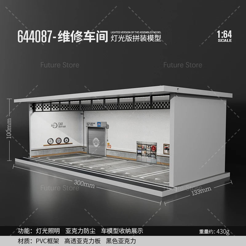 1/64 Scale Diorama Car Garage Model LED Lighting Car Parking Display Cabinet Scene Model Toy Collection Gifts