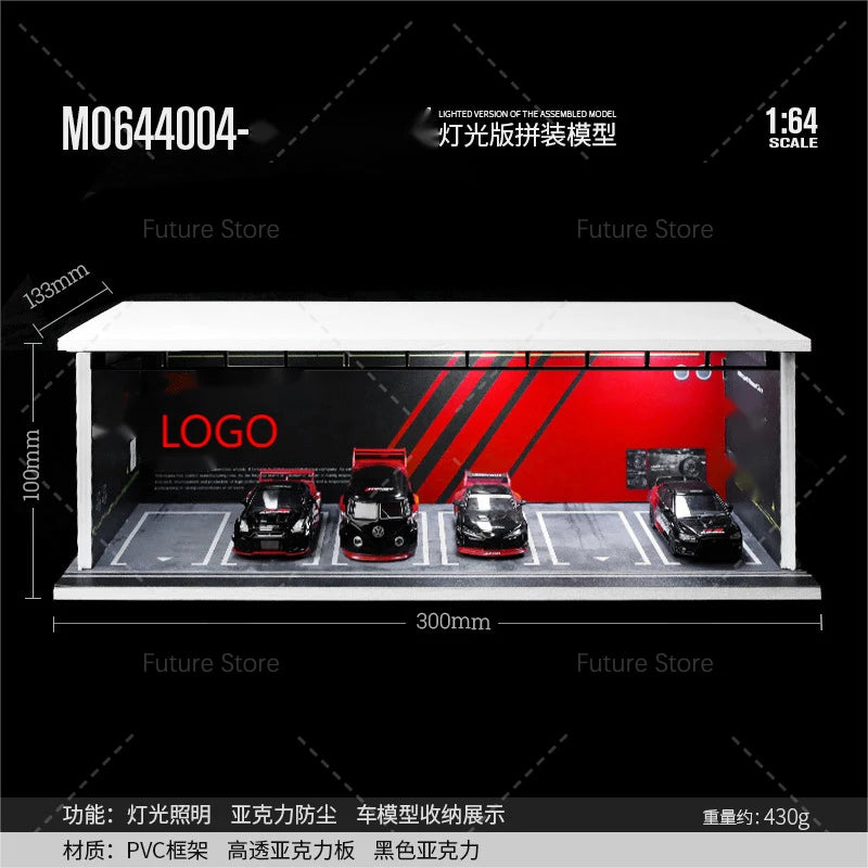 1/64 Scale Diorama Car Garage Model LED Lighting Car Parking Display Cabinet Scene Model Toy Collection Gifts