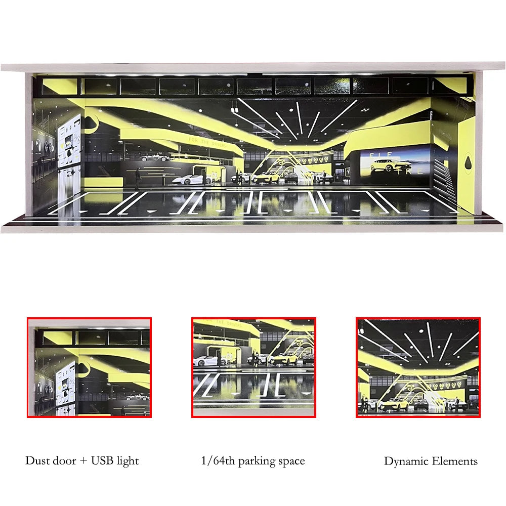 1/64 Scale Car Garage Diorama with USB LED Light Realistic Parking Lot Display Case for Model Cars & Miniature Vehicles