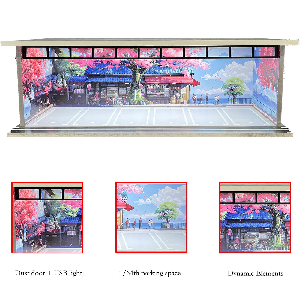 1/64 Scale Car Garage Diorama with USB LED Light Realistic Parking Lot Display Case for Model Cars & Miniature Vehicles