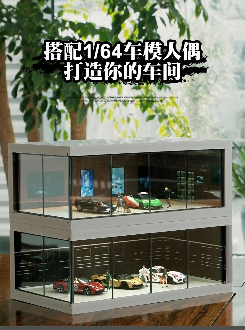 1/64 Simulate Car Showroom Exhibition Hall Garage Dioramas Mini House Display Case with Light Vehicle Toy Dust Cover Decorations