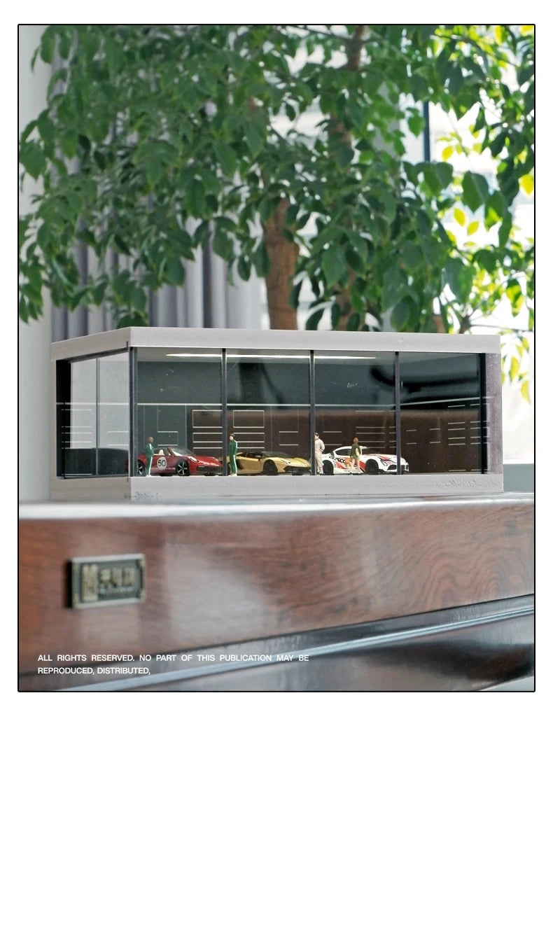 1/64 Simulate Car Showroom Exhibition Hall Garage Dioramas Mini House Display Case with Light Vehicle Toy Dust Cover Decorations