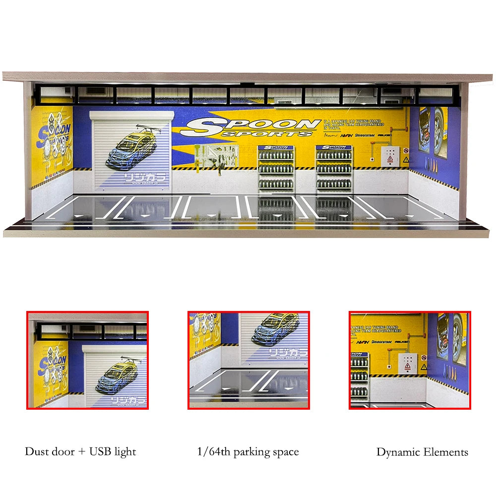 1/64 Scale Car Garage Diorama with USB LED Light Realistic Parking Lot Display Case for Model Cars & Miniature Vehicles