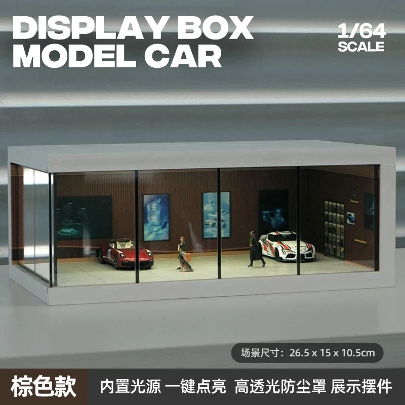 1/64 Simulate Car Showroom Exhibition Hall Garage Dioramas Mini House Display Case with Light Vehicle Toy Dust Cover Decorations