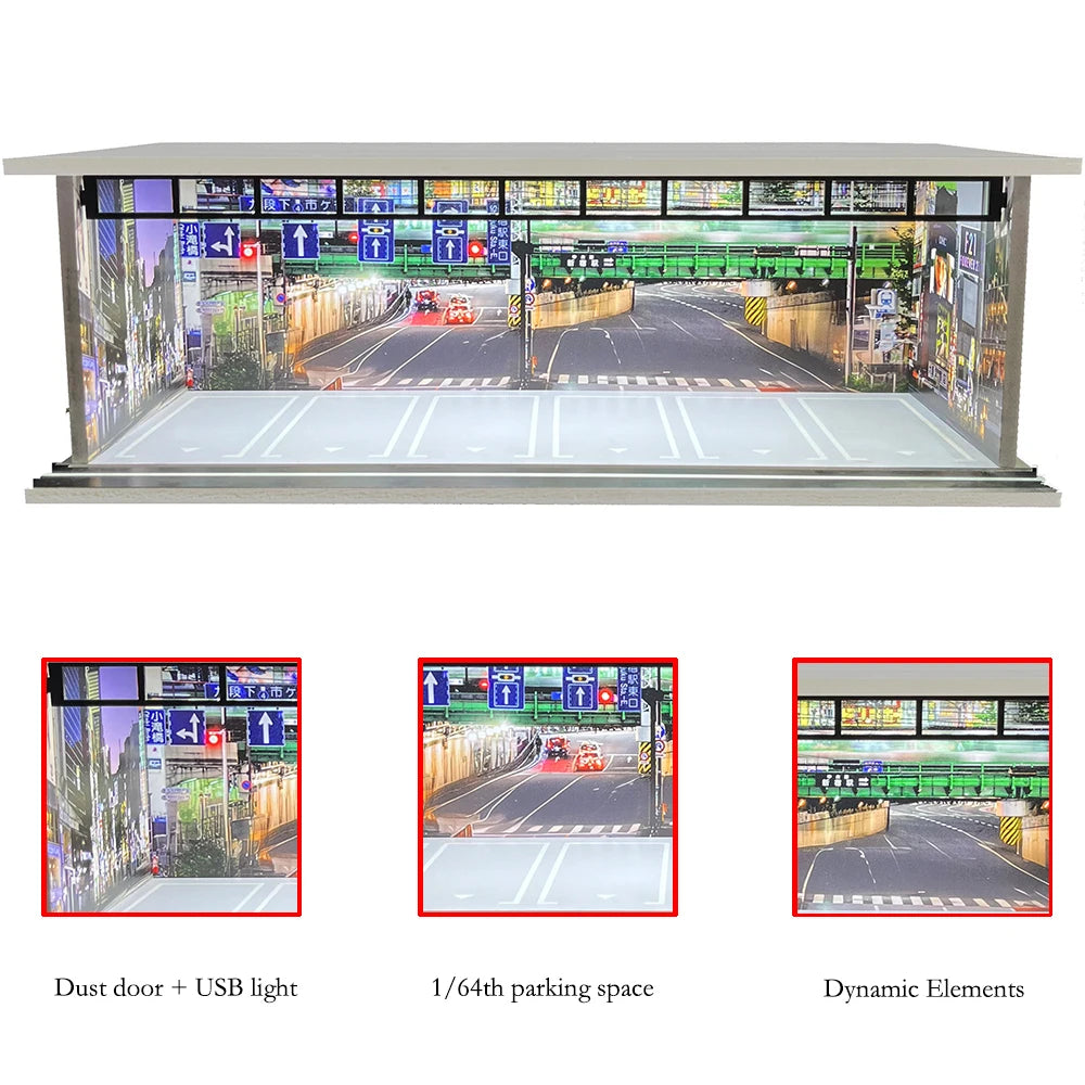 1/64 Scale Car Garage Diorama with USB LED Light Realistic Parking Lot Display Case for Model Cars & Miniature Vehicles